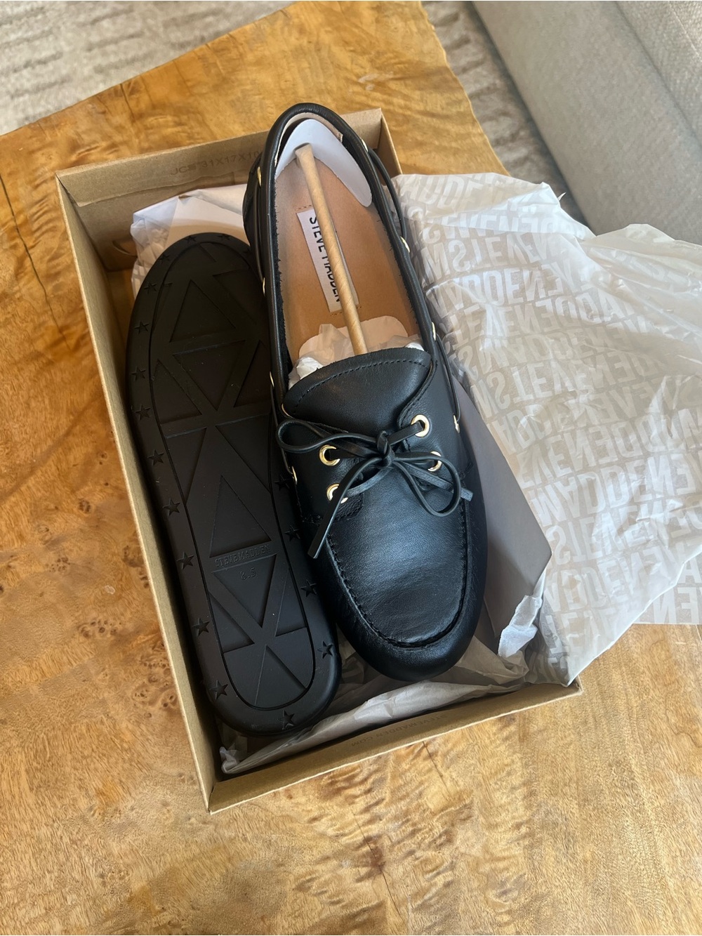 Steve Madden Black Leather Loafers boat shoes with Lace-Tie sz 8.5 New in box